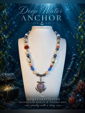 “Deep Water Anchor” — Artisan Mixed Gemstone & Vintage Glass Necklace